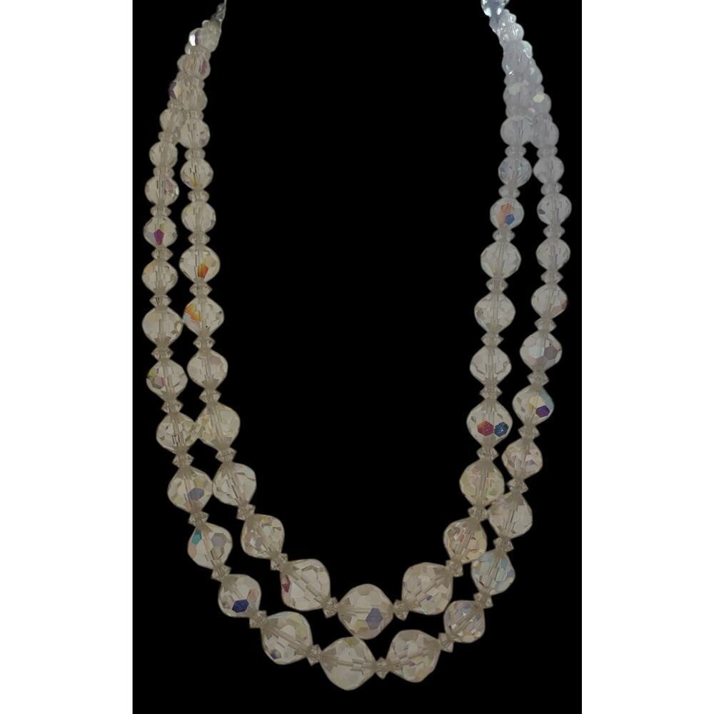 Aurora Borealis Necklace Double Layered AB Crystal Costume Jewelry Mid Century